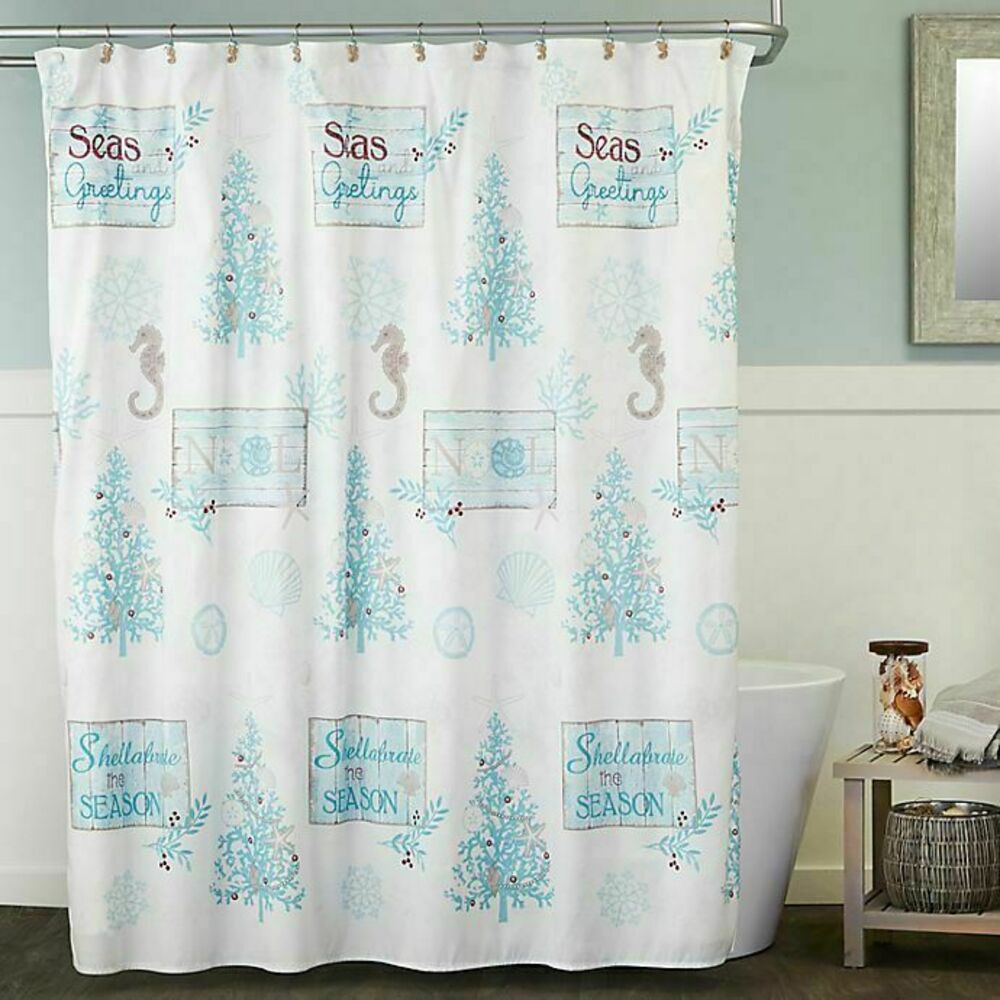 Christmas Seas and Greetings Shower Curtain Hooks Nautical 70x72" Holiday Decor
